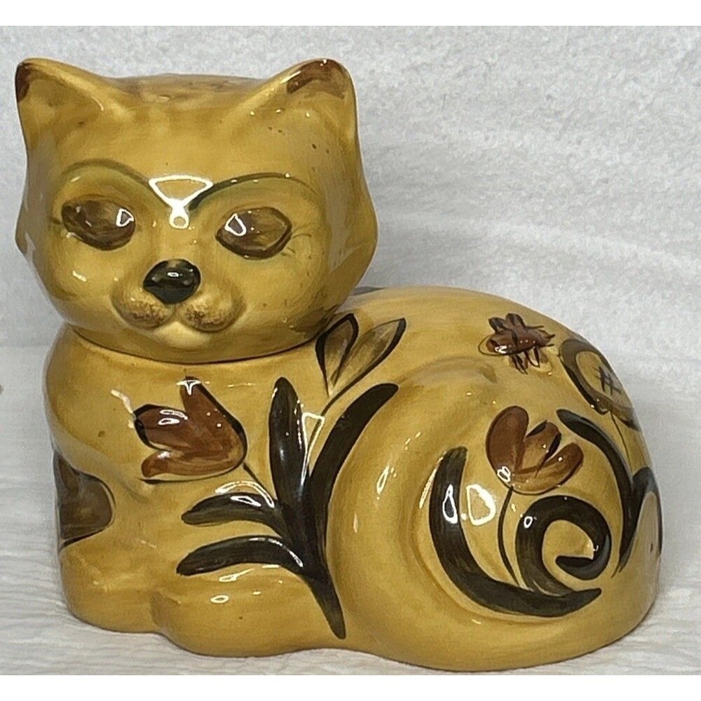 Vtg Canister Cookie Jar 11"x 10" Large Yelow Tulips Bee Flowers Cat Figurine MCM